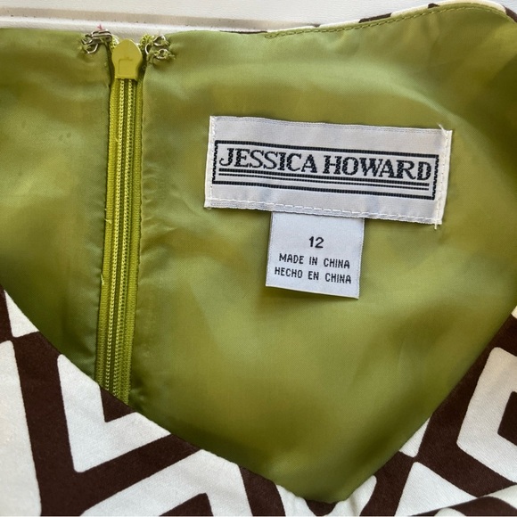 Jessica Howard Women's Sleeveless Dress Brown White Lime Green Sash Lined Sze 12 - Picture 4 of 9